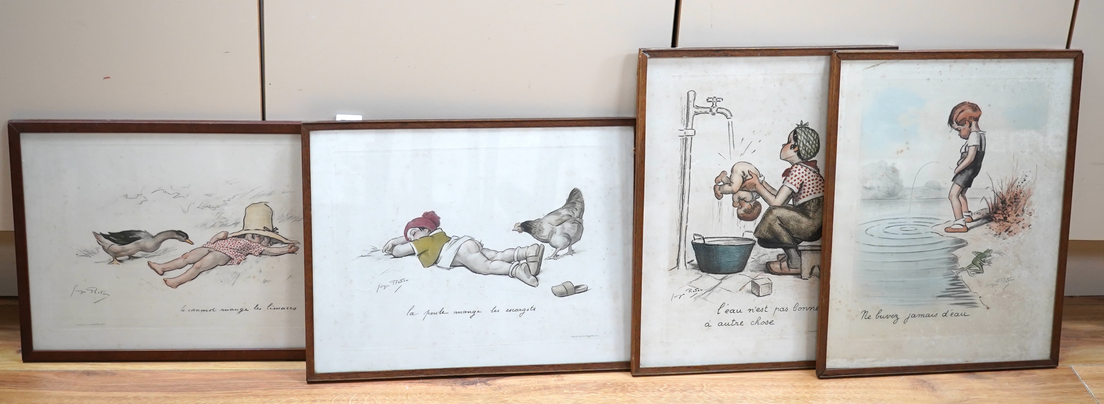 After Georges Redon (French, 1869-1943), four humourous colour etchings to include 'L'eau N'est pas Bonne à autre chose', copywright Georges Redon, Paris, each 28 x 39cm. Condition - poor to fair, foxing throughout